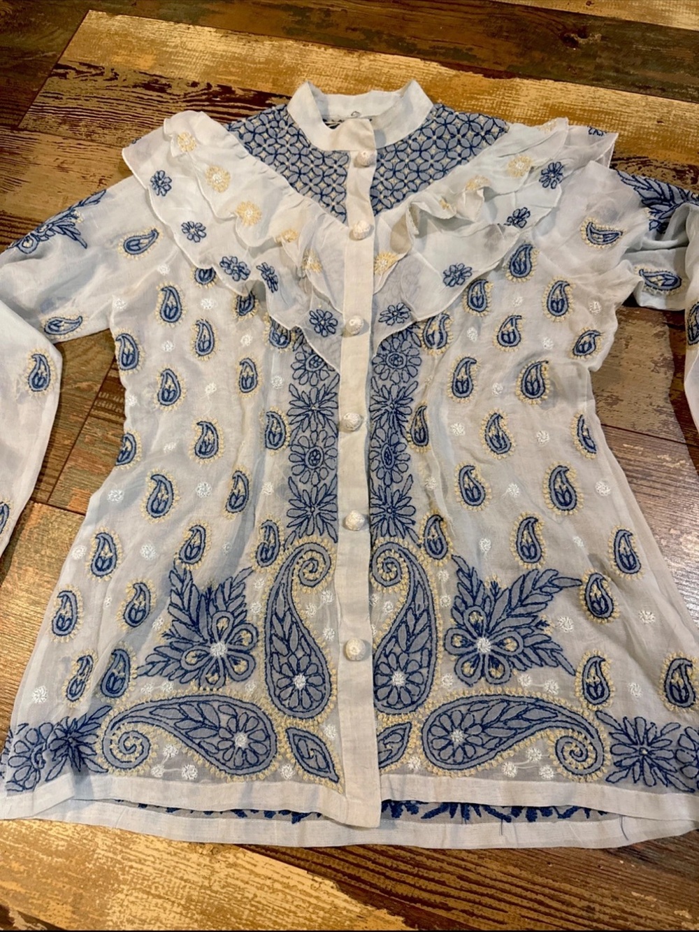 Embroidered Sheer Ruffle-Trim Button Front Top - Blue Floral Sheer